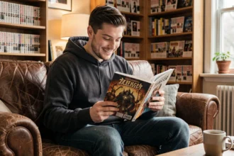 Jeune homme lisant un manga de fantasy dans un appartement cosy, illustrant la lecture en ligne de Invincible After Shocking My Empress Wife