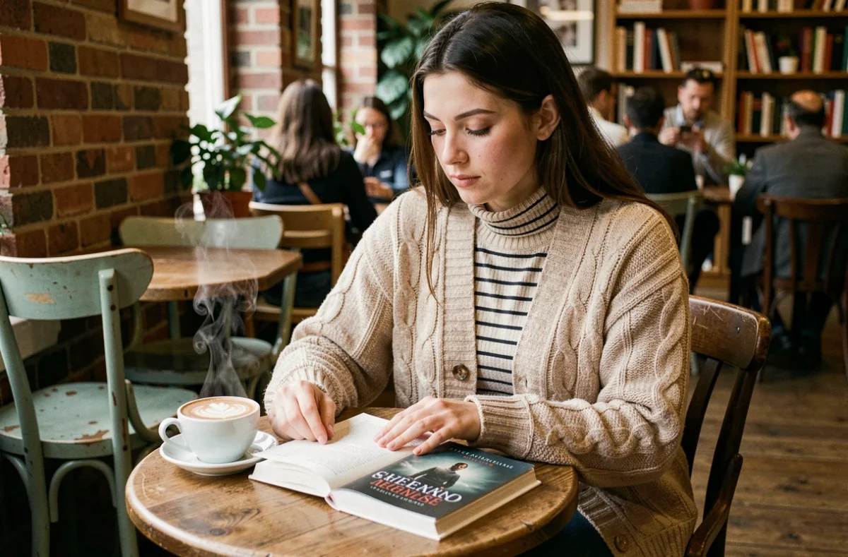 Jeune femme en cardigan lisant un roman policier cozy dans un café indépendant avec un café latte sur la table