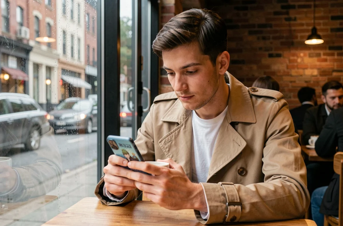 Jeune homme lisant un webtoon sur smartphone dans un café urbain, illustrant la lecture en ligne de mangas de fantasy en 2026