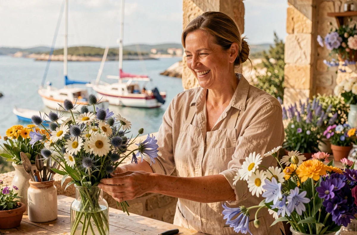 Fleuriste souriante de Les Fleurs de Lisa à Mèze composant un bouquet côtier avec du chardon des mers, marguerites et agapanthes devant la lagune de Thau