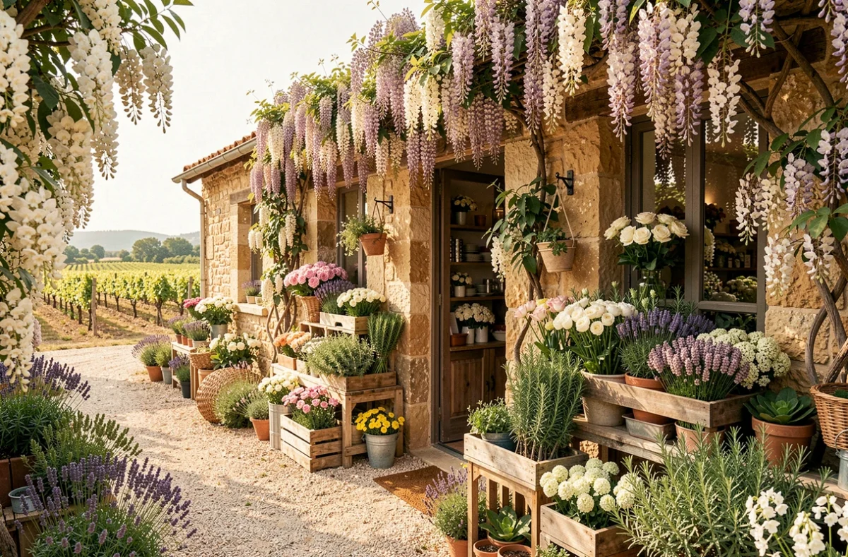 Entrée pittoresque des Jardins de Véronique à Sérignan avec jasmin et glycine encadrant des caisses de lavande, romarin et giroflées sur un chemin de gravier