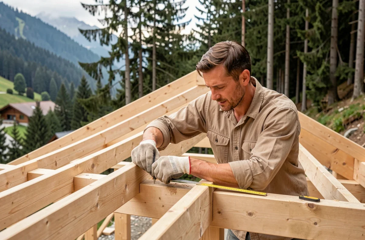 Charpentier assemblant une structure en bois pour une toiture sur un chantier résidentiel en Isère