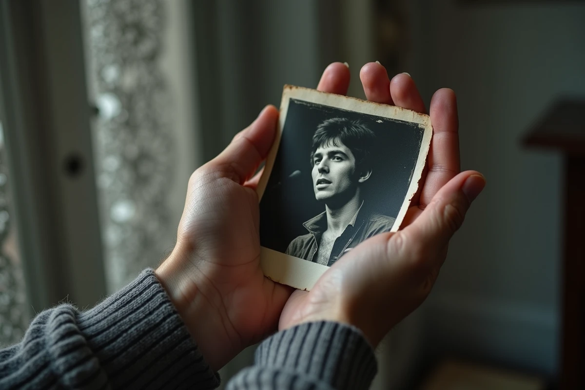 Mains tenant une vieille photographie d'un chanteur des années 70, symbolisant le mystère autour des circonstances de la mort de Mike Brant
