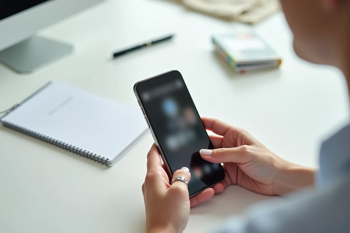 Gros plan sur des mains tenant un smartphone pour visionner une story Instagram de façon anonyme