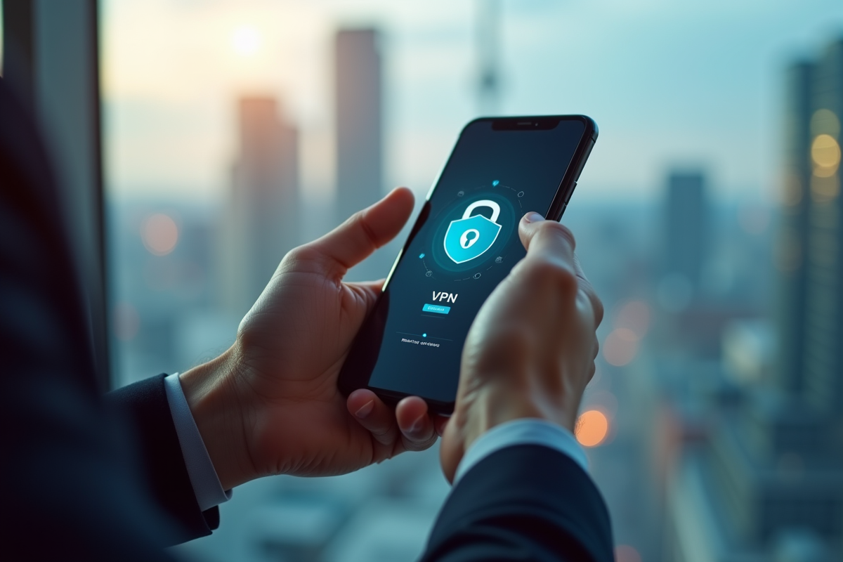 Mains tenant un smartphone avec application VPN sécurisée