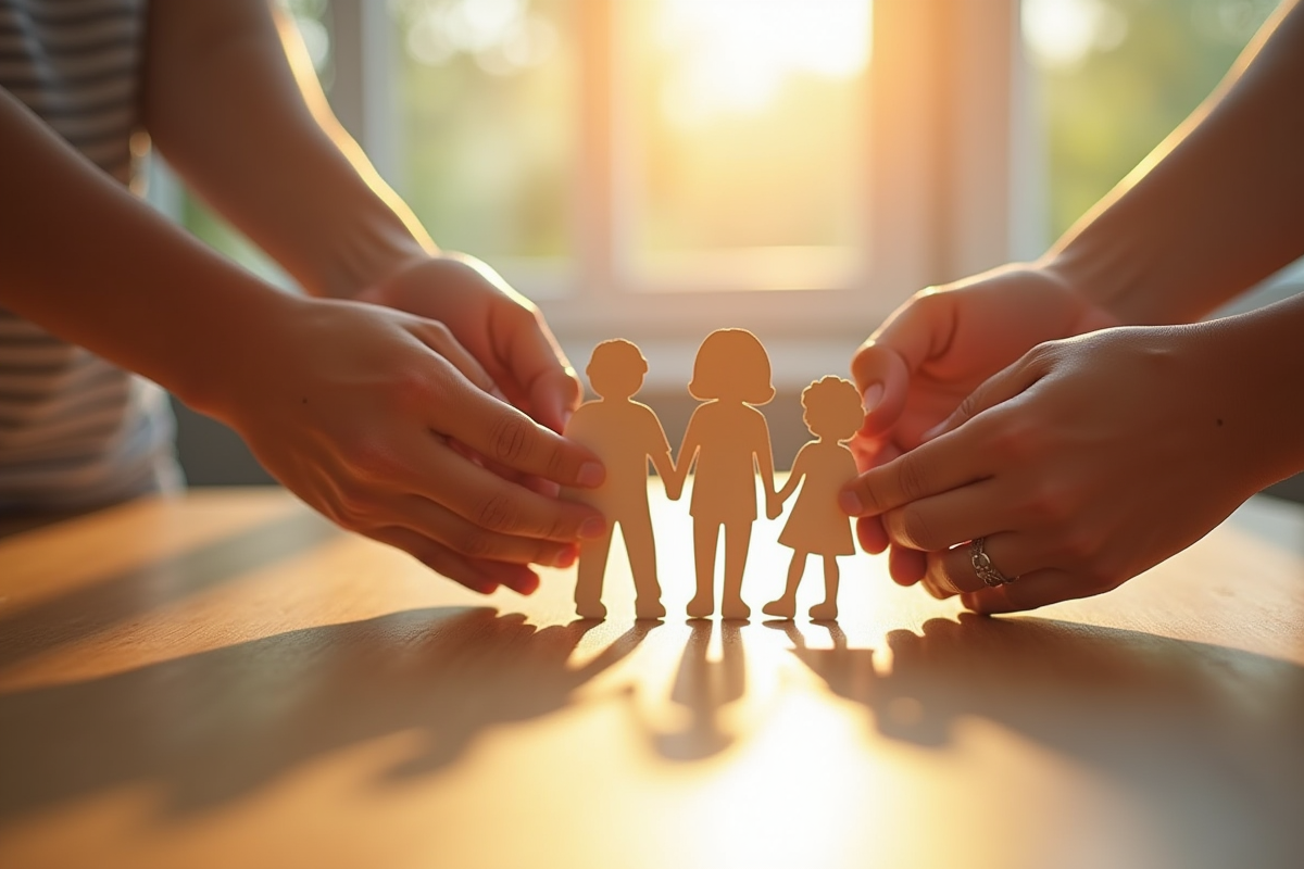 Mains de différentes teintes tenant un symbole de famille en papier