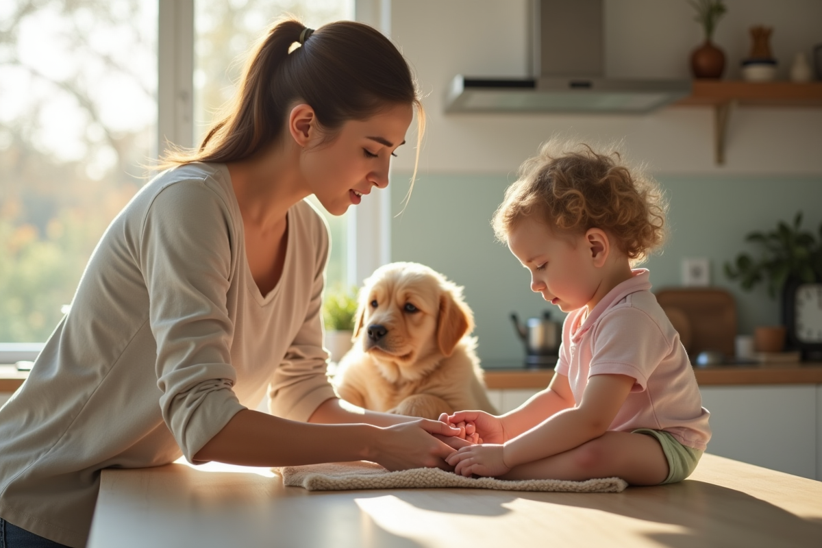 Maman essuyant les mains de l