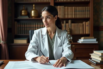Femme médecin lisant des dossiers dans un bureau ancien