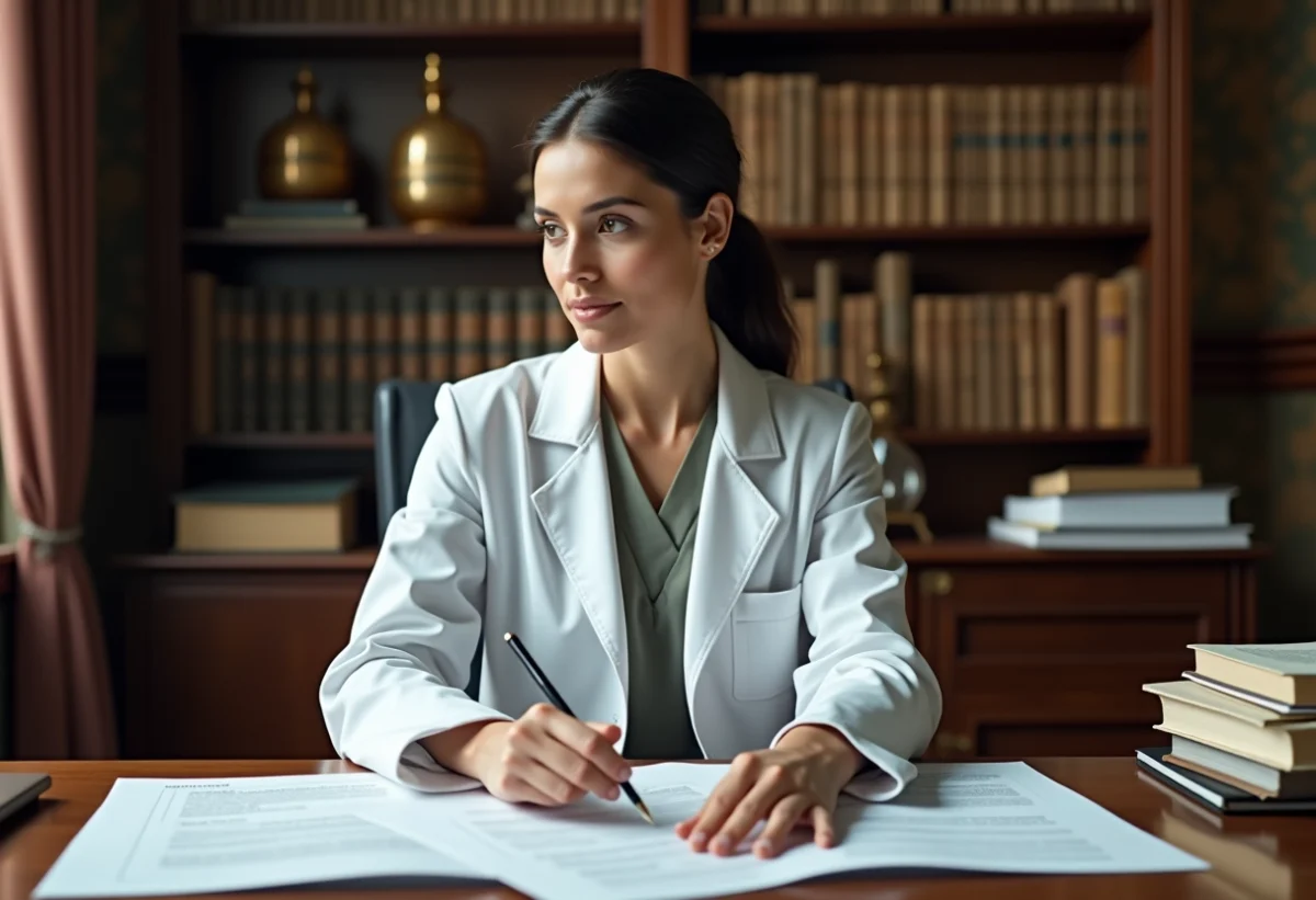 Femme médecin lisant des dossiers dans un bureau ancien