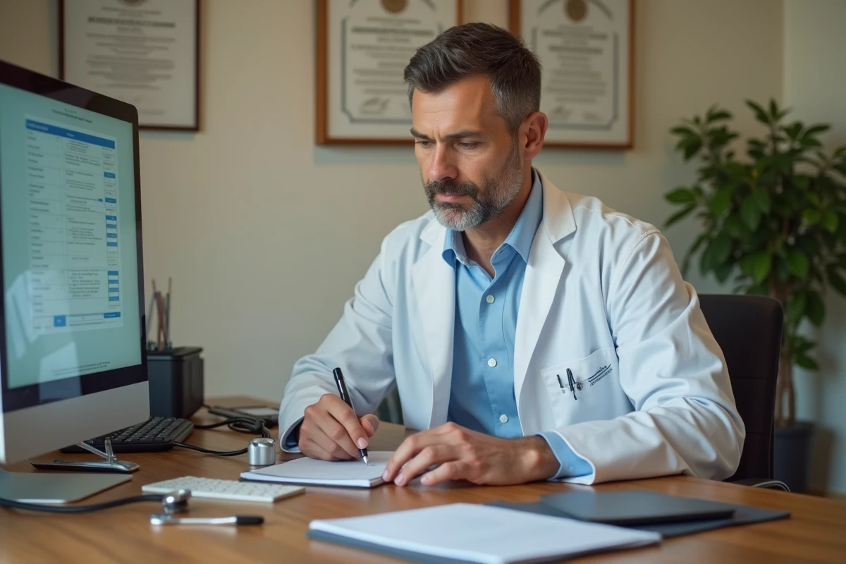 Médecin généraliste rédigeant une ordonnance médicale dans son cabinet de consultation