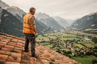 Couvreur professionnel debout sur un toit en tuiles avec vue panoramique sur la vallée de l'Isère et les montagnes
