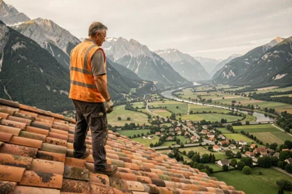 Couvreur professionnel debout sur un toit en tuiles avec vue panoramique sur la vallée de l'Isère et les montagnes