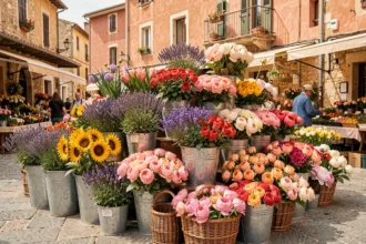 Étal de fleuriste coloré dans un marché en plein air d'Occitanie, avec des bouquets de lavande, roses, tournesols et pivoines dans des seaux en zinc