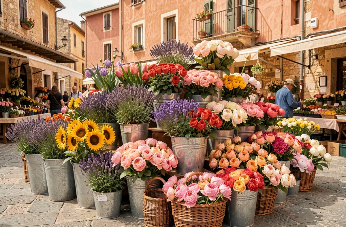 Étal de fleuriste coloré dans un marché en plein air d'Occitanie, avec des bouquets de lavande, roses, tournesols et pivoines dans des seaux en zinc