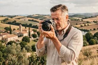 Photographe professionnel tenant son appareil photo face à un paysage typique du Tarn en Occitanie