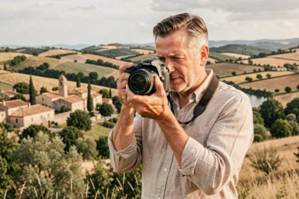 Photographe professionnel tenant son appareil photo face à un paysage typique du Tarn en Occitanie