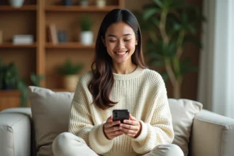 Jeune femme souriante qui envoie un message mignon à son copain depuis son canapé