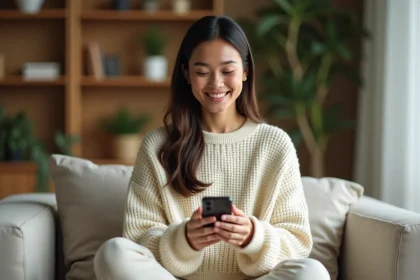 Jeune femme souriante qui envoie un message mignon à son copain depuis son canapé
