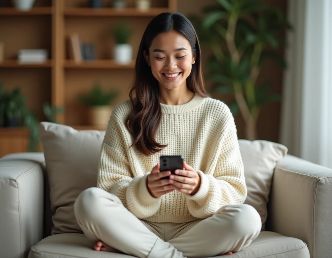 Jeune femme souriante qui envoie un message mignon à son copain depuis son canapé
