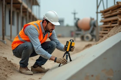 Ouvrier de chantier mesurant l'inclinaison d'une rampe en béton avec un inclinomètre numérique pour convertir des degrés en pourcentage de pente