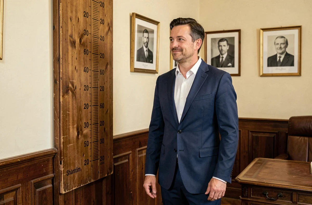 Homme politique français en costume mesurant sa taille dans un bureau administratif historique