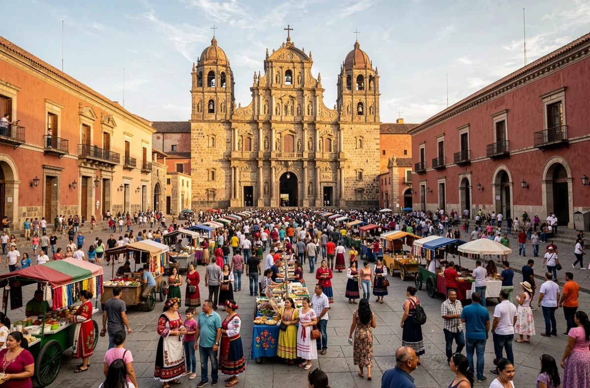 La place du Zócalo à Mexico City bondée de familles et de vendeurs ambulants devant la Cathédrale Métropolitaine baroque