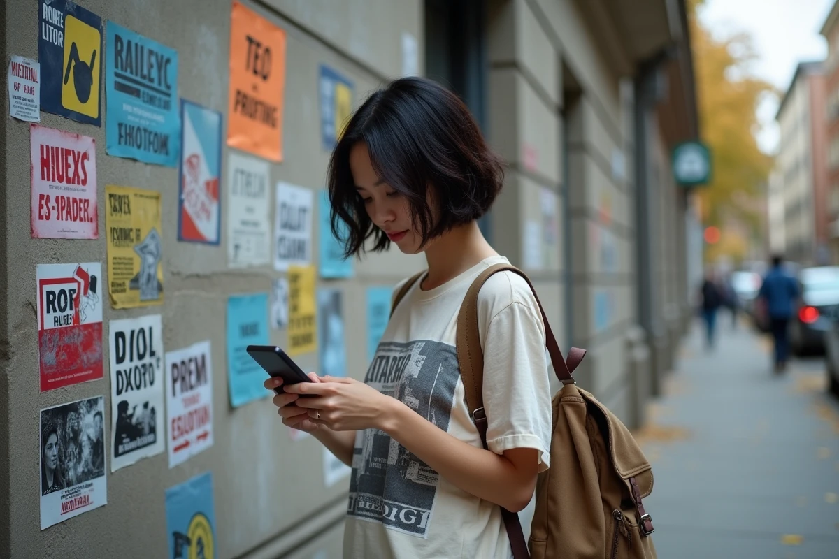 Jeune militante consultant son téléphone devant un mur recouvert d'autocollants politiques antifascistes