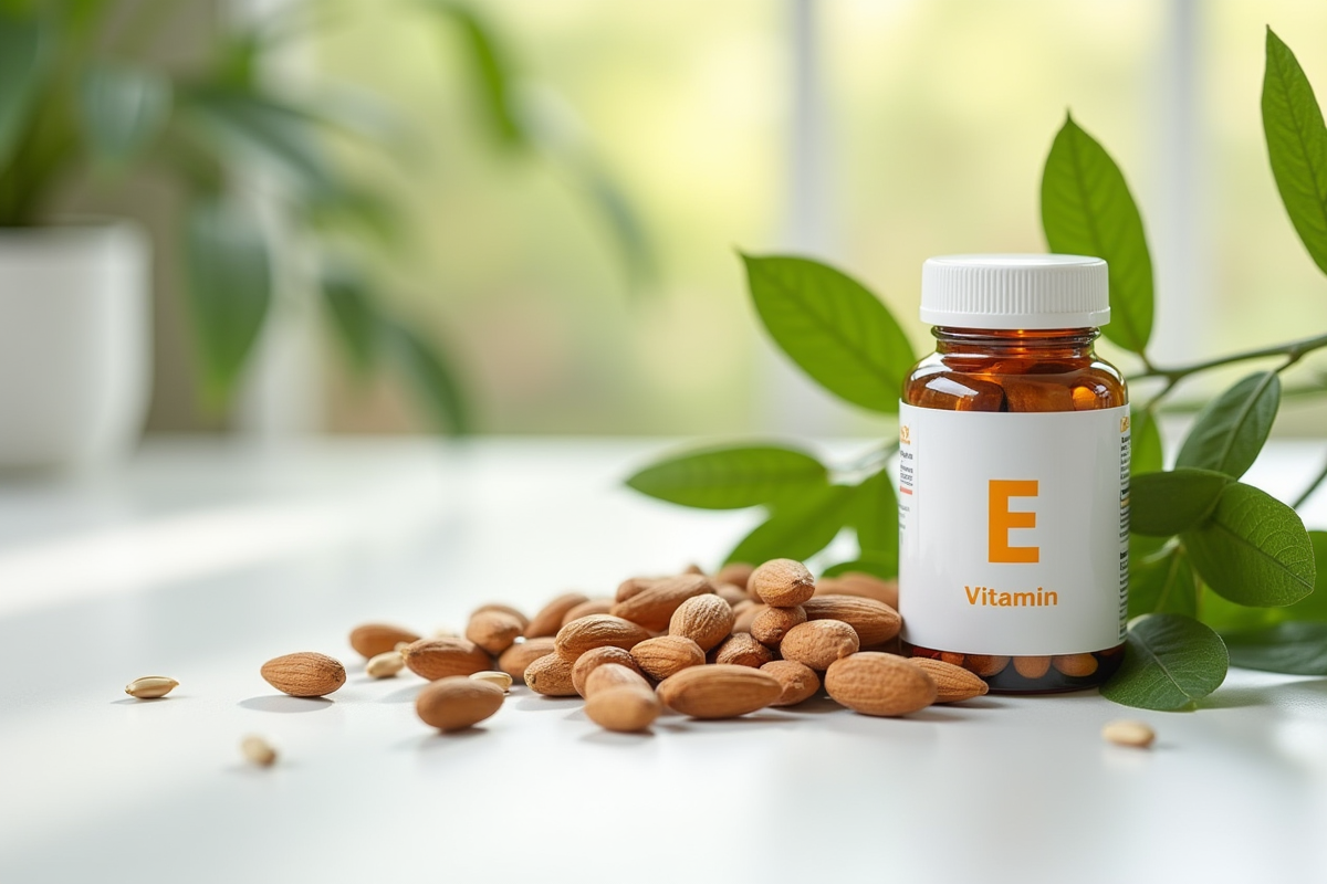 Arrangement de noix et vitamine E avec plante verte sur table blanche