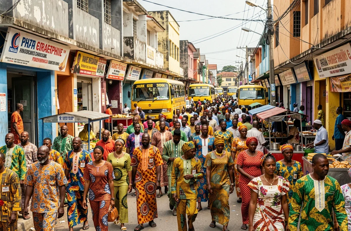 Rue commerçante animée à Lagos au Nigéria avec une foule en tenues Ankara colorées et des bus jaunes dans la circulation