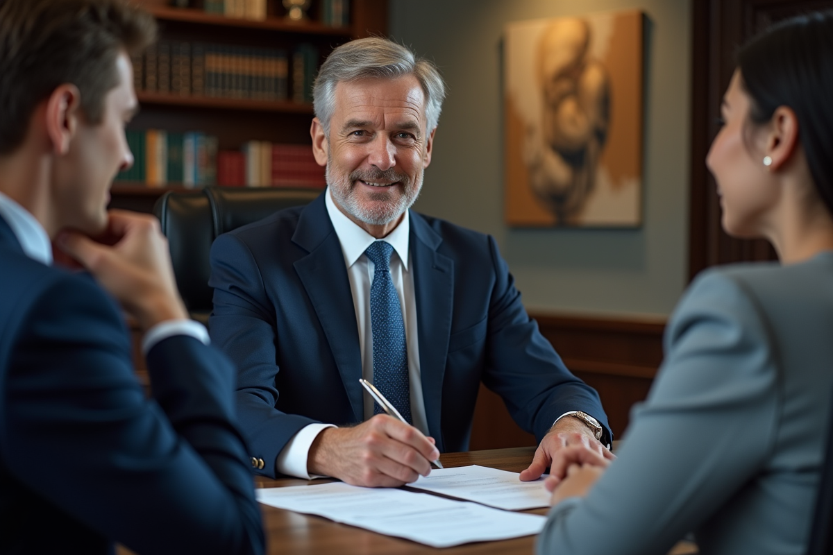 Notaire en costume remet un stylo à un jeune couple dans un bureau