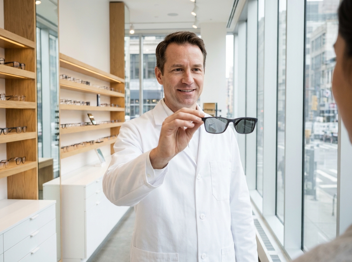 Opticien présentant des lunettes à verres photochromiques à teinte variable dans un magasin d'optique moderne