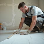 Comparaison des méthodes d’étanchéité et du tarif au mètre carré Homme en overalls appliquant une membrane d'étanchéité dans une salle de bain