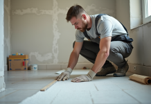 Comparaison des méthodes d’étanchéité et du tarif au mètre carré Homme en overalls appliquant une membrane d'étanchéité dans une salle de bain