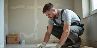 Comparaison des méthodes d’étanchéité et du tarif au mètre carré Homme en overalls appliquant une membrane d'étanchéité dans une salle de bain