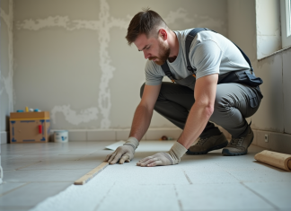 Comparaison des méthodes d’étanchéité et du tarif au mètre carré Homme en overalls appliquant une membrane d'étanchéité dans une salle de bain