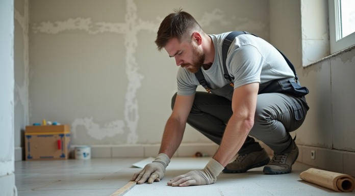 Comparaison des méthodes d’étanchéité et du tarif au mètre carré Homme en overalls appliquant une membrane d'étanchéité dans une salle de bain