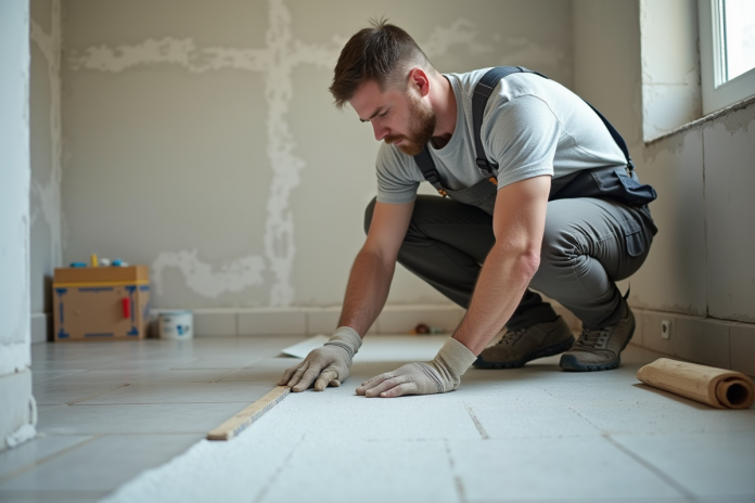 ouvrier-etancheite-salle-de-bain Homme en overalls appliquant une membrane d'étanchéité dans une salle de bain