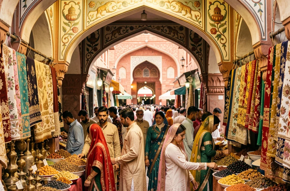 Bazar animé à Lahore au Pakistan avec des vendeurs et acheteurs en tenues traditionnelles sous des arches de style moghol