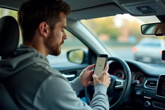 Homme paramétrant les unités de distance miles en kilomètres sur une application GPS montée dans une voiture
