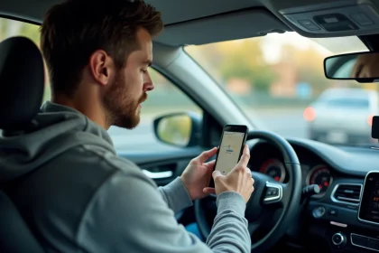 Homme paramétrant les unités de distance miles en kilomètres sur une application GPS montée dans une voiture