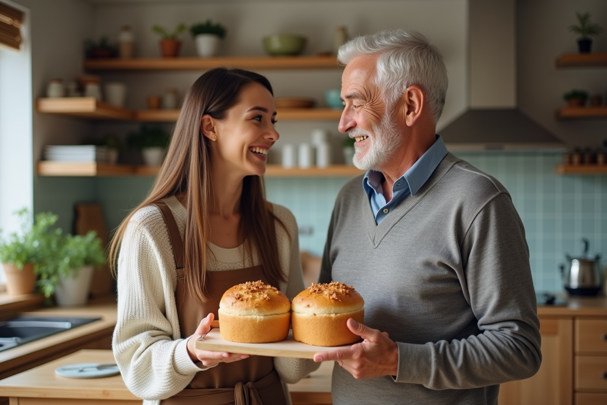 Jeune femme et homme âgé partageant du pain dans une cuisine chaleureuse