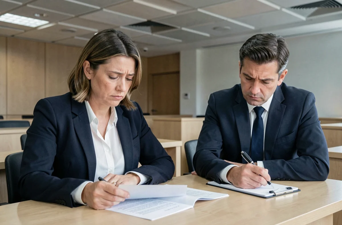 Femme et son avocat assis à la table de la partie demanderesse dans un tribunal, exprimant la déception après avoir été déboutée de sa demande