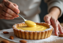 Mains d'un boulanger remplissant une tarte aux amandes dorée