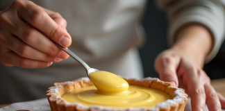 Mains d'un boulanger remplissant une tarte aux amandes dorée