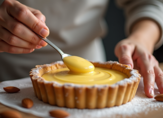 Mains d'un boulanger remplissant une tarte aux amandes dorée