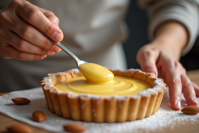 pate-aux-amandes-tarte Mains d'un boulanger remplissant une tarte aux amandes dorée