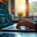 Personne tapant du code sur un ordinateur portable lumineux