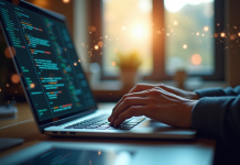 Personne tapant du code sur un ordinateur portable lumineux