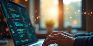 Personne tapant du code sur un ordinateur portable lumineux