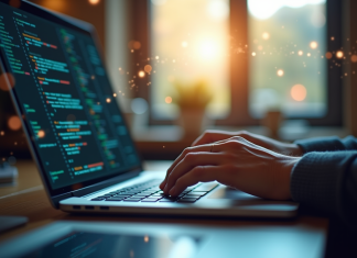 Personne tapant du code sur un ordinateur portable lumineux